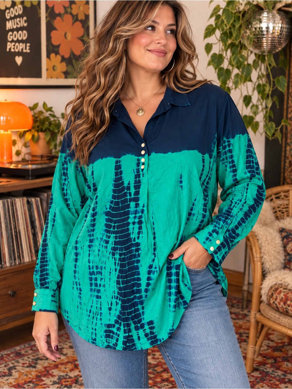Boho Artsy Shibori Tie Dye Colorblock Long Sleeve Top Soft Surroundings XL